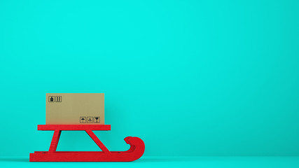 Cardboard box on red Christmas sleigh with cyan background