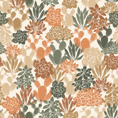Nahtloses Muster des verschiedenen Kaktus. Saftiger Hintergrund. Neutrale Farbe. Blumendesign. Vektor-Illustration