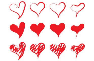 Red love heart vector shape icon hand drawing sketch graphic element design background. Handdrawn sketchy made set retro decor art romantic wedding. Vintage print ink cute collection isolated symbol