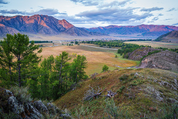 Evening mountain landscape. Russia, mountain Altai, Ongudaysky district, the village of Karakol