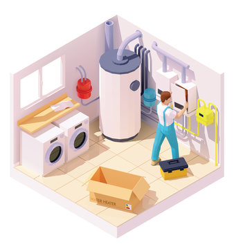 Vector Isometric Technician On Water Heater Or Boiler Installation