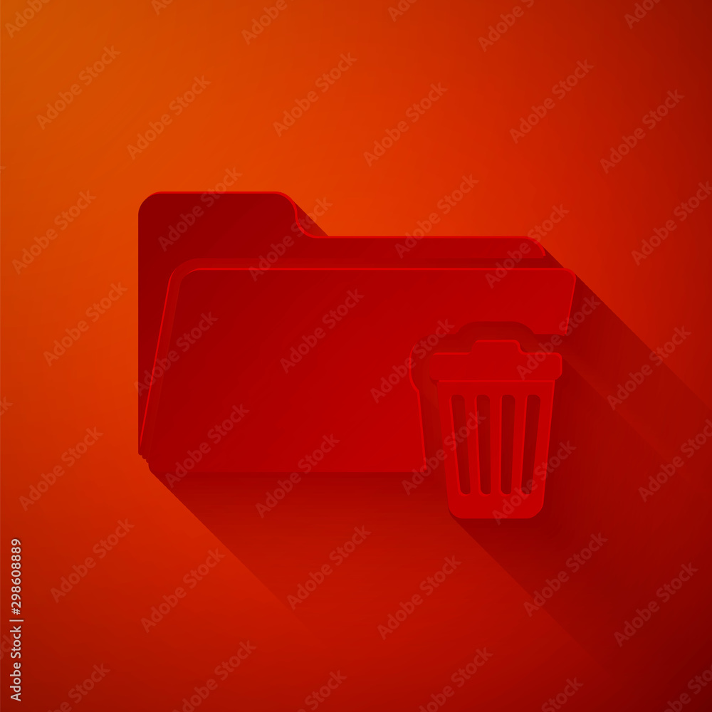 Poster paper cut delete folder icon isolated on red background. folder with recycle bin. delete or error fo
