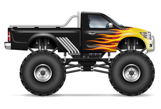 Black monster truck with fire stripes side view. All elements in the groups on separate layers