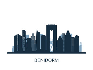 Benidorm skyline, monochrome silhouette. Vector illustration.