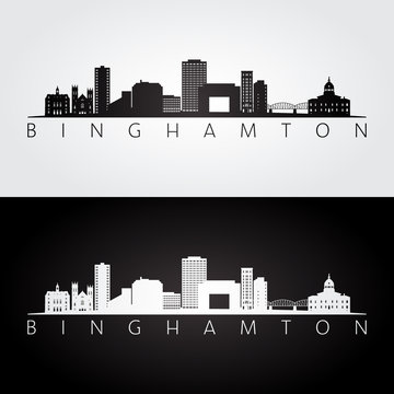 Binghamton, New York skyline and landmarks silhouette, black and white design, vector illustration.