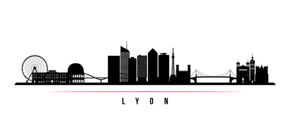 Lyon skyline horizontal banner. Black and white silhouette of Lyon, France. Vector template for your design.