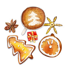 Flatlay christmas composition with bakery, coffee, anise and decorations