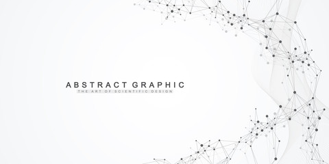 Geometric abstract background with connected line and dots. Network and connection background for your presentation. Graphic polygonal background. Wave flow. Scientific vector illustration.
