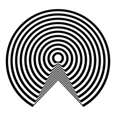 Abstract black and white striped round object. Geometric pattern with visual distortion effect. Optical illusion. Op art. Isolated on white background.