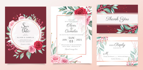 Red floral wedding invitation card template set with watercolor flowers arrangements. Elegant botanic decoration background of peach and red roses and leaves for invites, greeting, etc vector