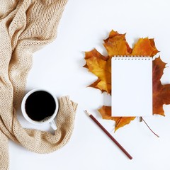 Autumn concept of comfort and lifestyle. Cozy warm sweater, cup of coffee, notepad and autumn maple leaves on a white background. Flat lay, top view with copy space for text.
