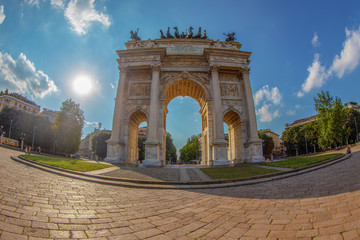 Fototapeta na wymiar Triumph Arc - Arco Della Pace in Sempione park, Milan, Italy