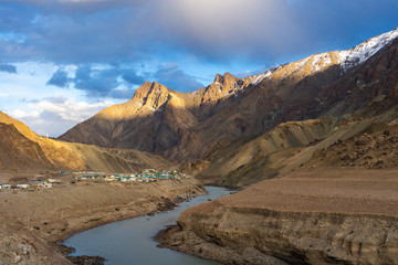 Mountain and river view landscape before sunset on the way to Sham Valley, Ladakh, India
