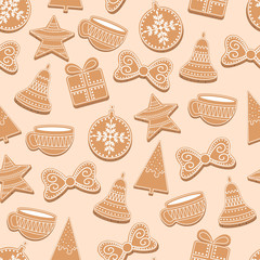 Christmas gingerbread seamless pattern on beige background