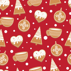 Christmas gingerbread seamless pattern on red background
