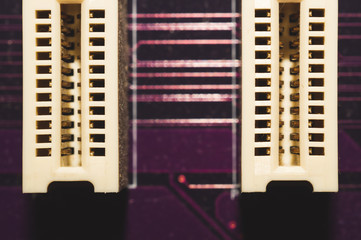 Memory slots on the motherboard close up. ram socket. connector on the circuit board