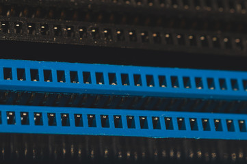 Memory slots on the motherboard close up. ram socket. connector on the circuit board