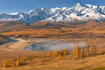 mountains lake snow autumn reflection fog