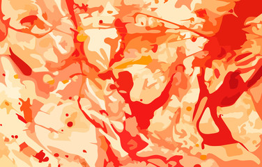 Vector illustration is made in the style of Ebru and Suminagashi. Psychedelic, abstract background in yellow-red tones, marble pattern.