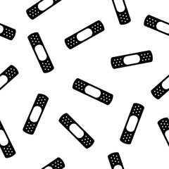 Black bandage plaster icon isolated seamless pattern on white background. Medical plaster, adhesive bandage, flexible fabric bandage.