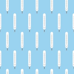 Seamless pattern texture of endless repetitive cute medical mercury glass thermometers for measuring body temperature on a blue background.