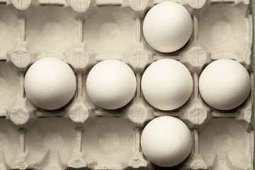 White eggs in carton box background. food ingredient. protein nutrition. healthy breakfast