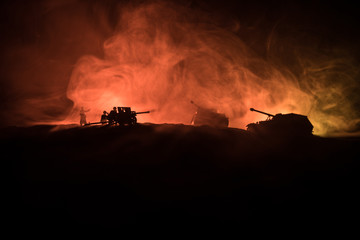 War Concept. Military silhouettes fighting scene on war fog sky background, World War German Tanks...