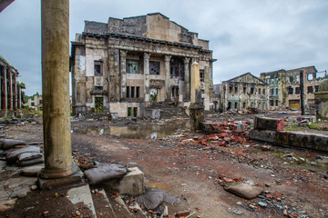The consequences of the war. Postwar devastation. City after a missile strike. The remains of...