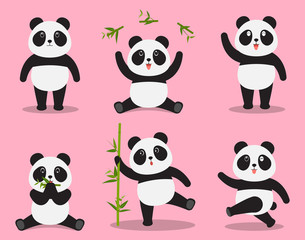 Cute panda cartoon vector set in different emotion isolated on pink background - Vector illustration
