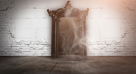 Dark room, a magical antique mirror. Night view of the room, fantasy. Dark abstract background with a mirror. Neon light, smoke, smog, magic dust.