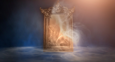 Dark room, a magical antique mirror. Night view of the room, fantasy. Dark abstract background with a mirror. Neon light, smoke, smog, magic dust.