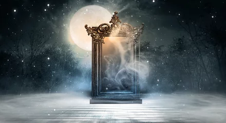 Poster Dark fantasy landscape. Dark forest, magic mirror. Dark scene of a night landscape with a split glass. Night view, smoke, smog, neon light, moon. © MiaStendal