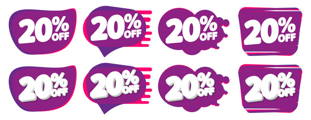 Set Sale 20% off bubble banners, discount tags design template, vector illustration