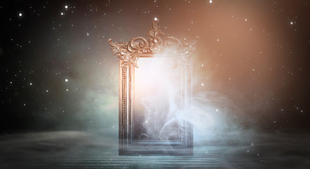 Dark fantasy landscape. Dark forest, magic mirror. Dark scene of a night landscape with a split...