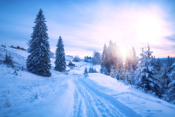 Way by the snowy hill to the village