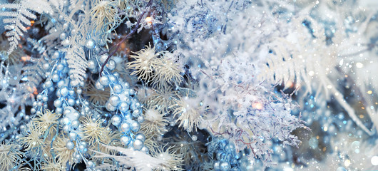 unusual beautiful floral abstract background. chic blue and silver elegant plant decor. festive decoration Christmas and new year holiday background. Artistic glamorous winter christmas image.