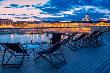 Helsinki. Finland Embankment of the Helsinki. Evening in Finland. Outdoor pool in Helsinki. Panoramic view of the promenade. St. Nicholas Cathedral. Public spaces of Finland. Suurkirkko. Europe