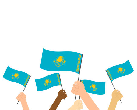 Vector illustration of hands holding Kazakhstan flags on white background