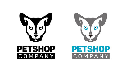 Logo set - color and black drawing, cat and dog icon in one head symbol, change. Vector illustration, silhouette for pet shop, design, tattoo, isolated on white background.