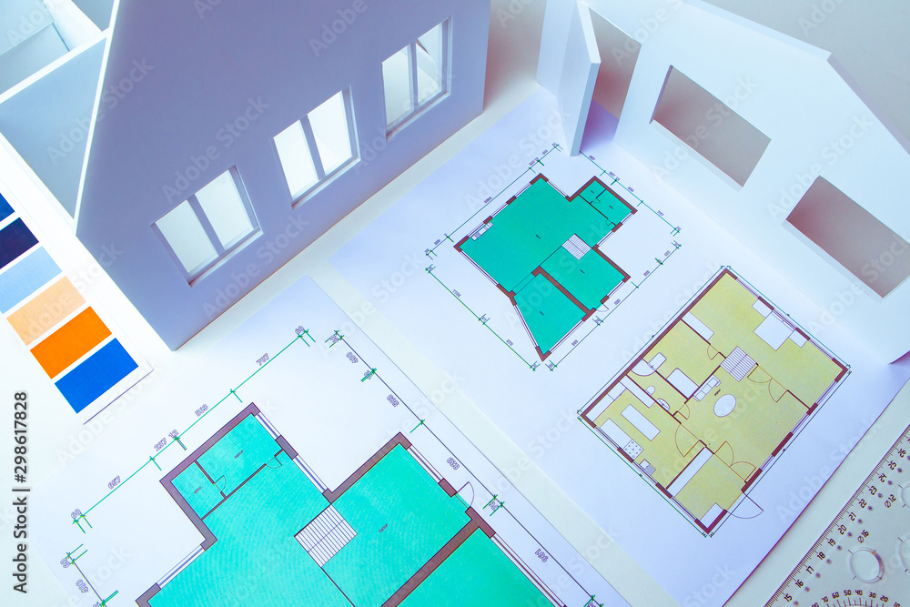Aufkleber bureau of architecture. development of construction drawings. models of houses on the architect's de
