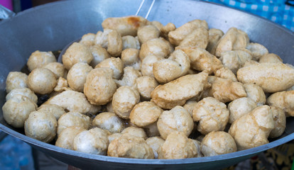 Deep fried fishball ball in the hot pan, street food in Thailand