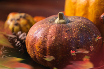 Autumn decoration arranged with dry leaves and pumpkins Halloween