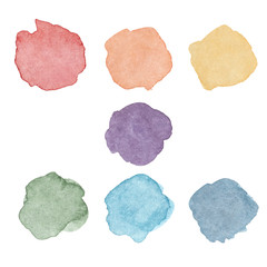 Rainbow colors stains set. Watercolor spots for artistic design isolated on white background. Round blots in chakra colors symbol concept.