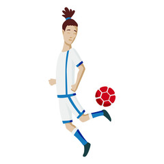 Football player character showing actions. Cheerful soccer player running, kicking the ball, jumping. Simple style vector illustration.