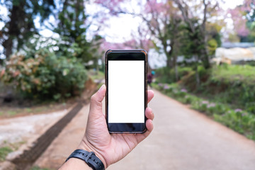The concept of a man hand holds the smartphone with empty blank white screen and has copy space for your idea specific work