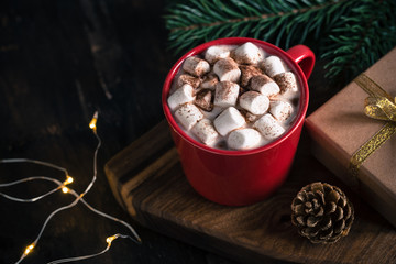 Christmas drink. Hot chocolate or cocoa, marshmallow and pine branch. Christmas, winter concept. Close up/