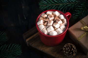 Christmas drink. Hot chocolate or cocoa, marshmallow and pine branch. Christmas, winter concept. Close up/