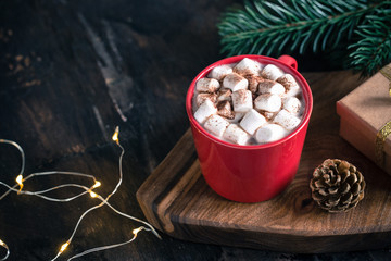 Christmas drink. Hot chocolate or cocoa, marshmallow and pine branch. Christmas, winter concept. Close up/