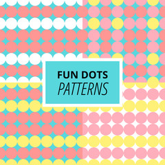 Set of fun pastel seamless patterns with multicolored dots. Usable for party, festival and birthday invitation, poster, banner, card, wrapping paper. Vector ornaments