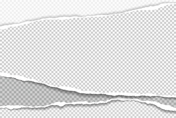 Pieces of stacked torn, white and grey realistic horizontal paper strips with soft shadow are on squared background. Vector illustration